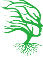 Logo grün auf weiß, optische Täuschung von einem Baum im Wind und dem Gesicht einer Frau mit wehendem Haar